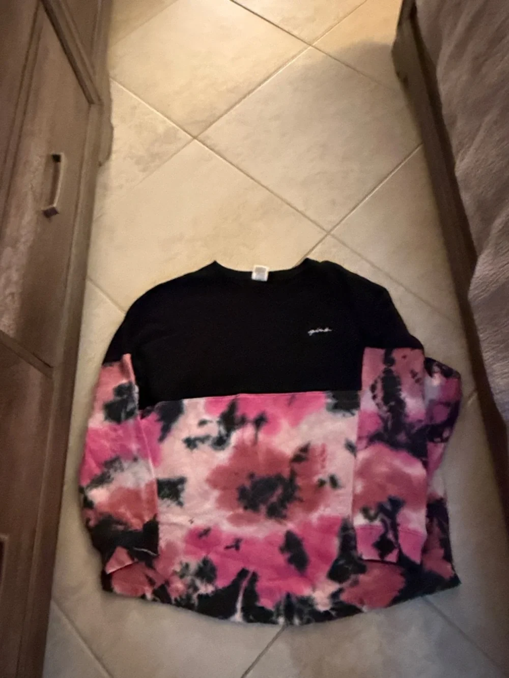 PINK Victoria's Secret Black Sweatshirt with Pink & Gray Tie-Dye Hem - Picture 3 of 4